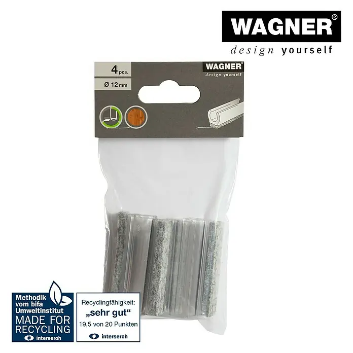 Wagner System Klemmschalengleiter - Durchmesser: 12 mm - Eine Packung Wagner-Möbelgleiter, 4 Stück, Durchmesser 12 mm. Diese Gleiter sind umweltfreundlich recycelbar und bieten optimalen Schutz für Möbel und Böden.