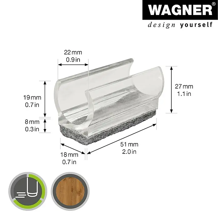 Wagner System Klemmschalengleiter - Durchmesser: 22 mm - Detailaufnahme eines Wagner Möbelgleiters mit Filzgleitfläche und transparentem Kunststoffgehäuse, inklusive Maßangaben.