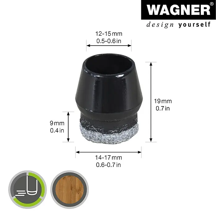 Wagner System Endkappen - Passend für: Rohrdurchmesser 12 - 15 mm, 4 Stk. - Das Bild zeigt einen schwarzen Möbelgleiter mit Filzgleitfläche und den zugehörigen Maßangaben.