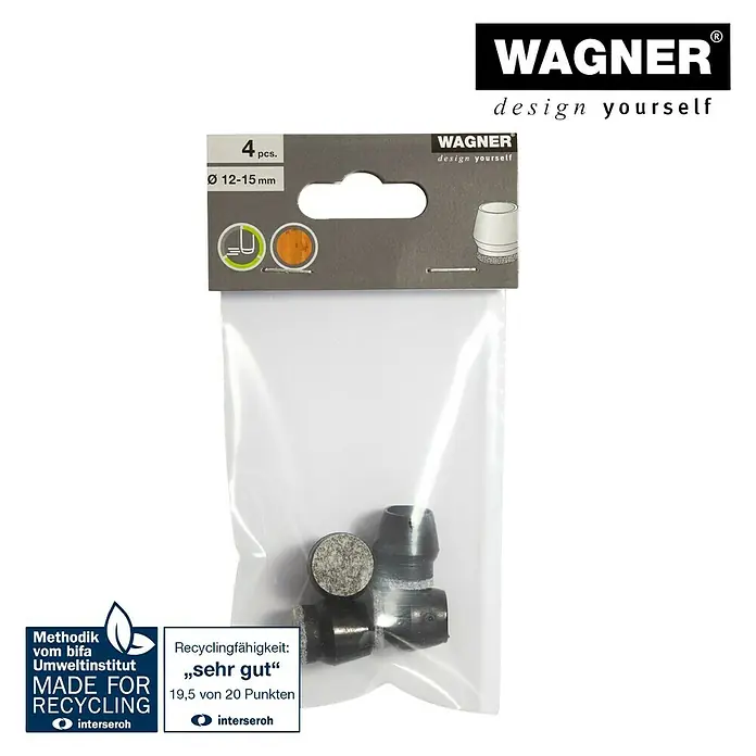 Wagner System EndkappenPassend für: Rohrdurchmesser 12 - 15 mm, 4 Stk. - Wagner Design Gleiter zum Schutz von Möbeln und Böden. Packung mit 4 Stück, Durchmesser 12-15mm, mit Recycling-Zertifikat.