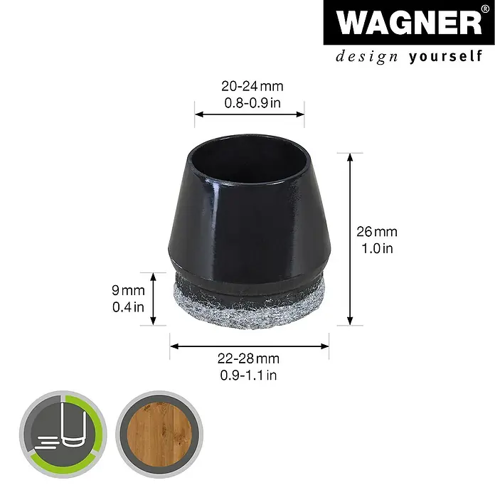 Wagner System Endkappen - Passend für: Rohrdurchmesser 20 - 24 mm, 4 Stk. - Abbildung eines schwarzen Wagner Stuhlschutzes mit Filzgleiter und Maßangaben.