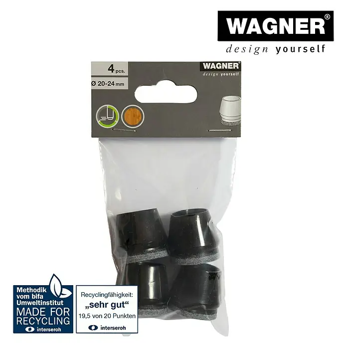 Wagner System Endkappen - Passend für: Rohrdurchmesser 20 - 24 mm, 4 Stk. - Eine Packung mit vier schwarzen Wagner Stuhlbeinkappen, geeignet für Stuhlbeine mit einem Durchmesser von 20-24 mm.