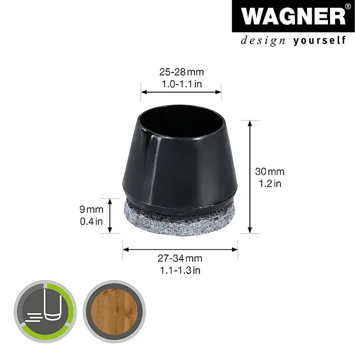 Wagner System Endkappen - Passend für: Rohrdurchmesser 25 - 28 mm, 4 Stk. - Abbildung eines schwarzen Wagner Stuhlbeinschutzes mit Filzgleiter und Größenangaben.