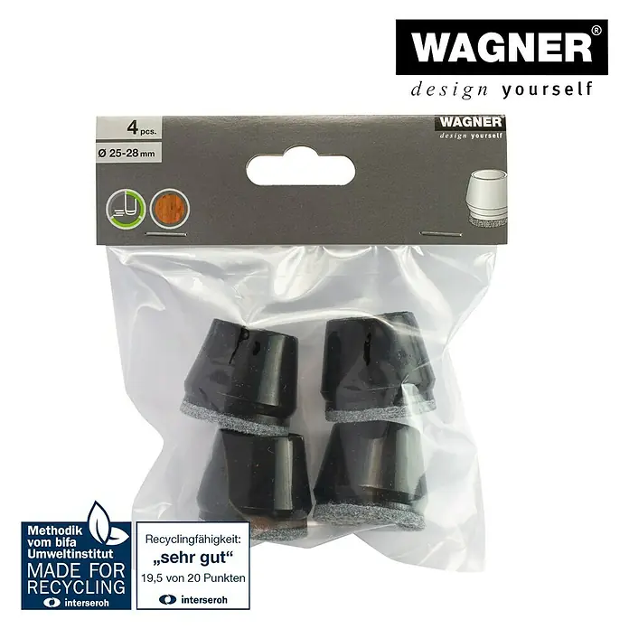 Wagner System Endkappen - Passend für: Rohrdurchmesser 25 - 28 mm, 4 Stk. - Die Wagner Stuhlkappen in Schwarz, 4 Stück, schützen Böden und Möbel. Geeignet für Rohrdurchmesser von 25–28 mm, recycelbar.