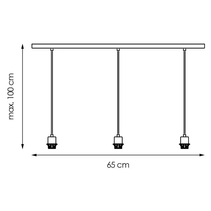 Home Sweet Home Pendelleuchte Beam 3s - L x H: 65 x 99 cm, Chrom matt, Anzahl Leuchtmittel: 3 Stk. - Technische Zeichnung einer Hängelampe mit drei Leuchten, die an einer 65 cm breiten Stange hängen. Maximale Höhe 100 cm.