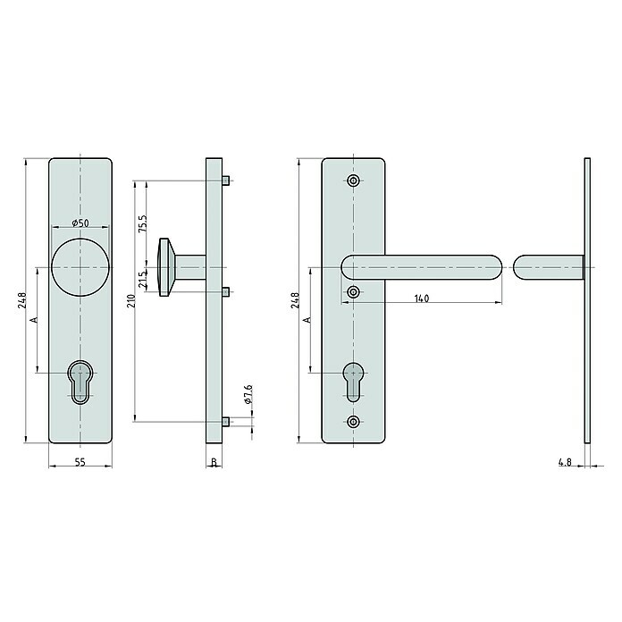 Basi Schutzbeschlag SB 7500 ES0 (Hauseingangstür, Edelstahl, Knopf außen, Drücker innen, Ohne Zylinderabdeckung, Stärke Tür: 38 mm - 45 mm) | BAUHAUS