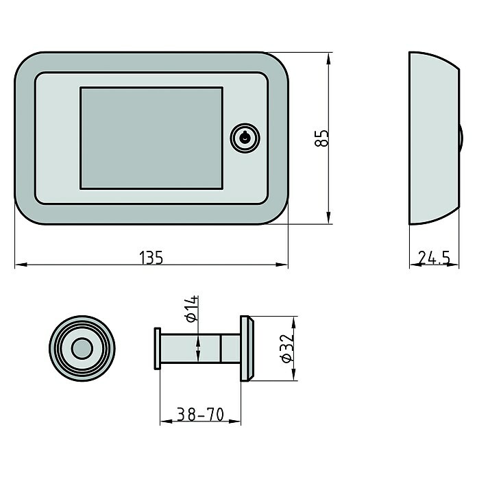 Basi Digitaler Türspion TS 700Türstärke: 38 mm - 70 mm, Einbaumaß: Ø 14 - 22 mm, 3,5 ", TFT-Bildschirm, Champagner Sketch