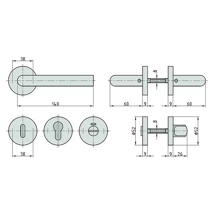 Basi Zimmertürgarnitur ZB 3200Stärke Tür: 38 mm - 45 mm, Edelstahl, L-Form, Profilzylinder