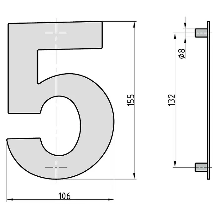 Basi Hausnummer HN 150 - B x H: 106 x 155 mm, Motiv: 5, Edelstahl - Technische Zeichnung der Hausnummer 5, mit den Maßen 155 mm Höhe und 106 mm Breite. Die Befestigung erfolgt durch Dübel.
