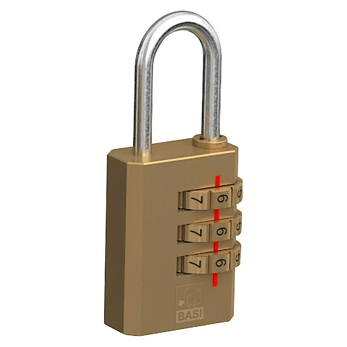 Basi Zahlenschloss KS 622L x B: 30 x 21 mm, Bügelstärke: 3 mm, Messing - Nahaufnahme eines goldenen BASI-Vorhängeschlosses mit dreistelligem Zahlencode, das Sicherheit und Schutz für verschiedene Anwendungen bietet.