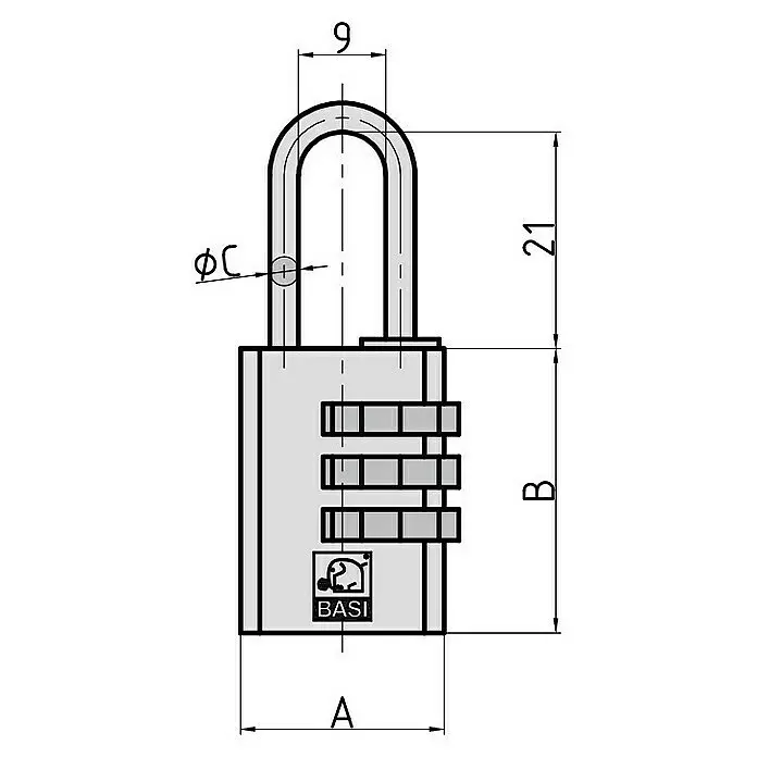 Basi Zahlenschloss KS 622L x B: 30 x 21 mm, Bügelstärke: 3 mm, Messing