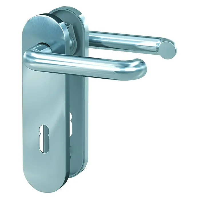 Basi Schutzgarnitur ZB 3800Edelstahl, Stärke Tür: 38 mm - 45 mm, Buntbart - Ein glänzender Türgriff aus Metall mit Schlüsselloch, ideal für moderne Innenräume. Stilvolles Design für jede Tür.