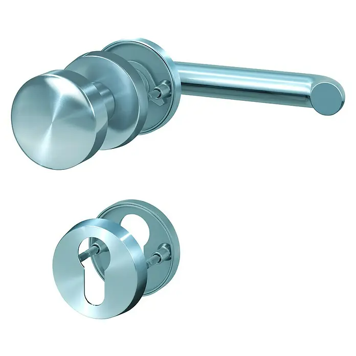 Basi Wechselgarnitur ZB 3100Stärke Tür: 38 mm - 44 mm, Silber, DIN Anschlag: Rechts - Nahaufnahme einer Türgarnitur aus gebürstetem Metall, bestehend aus einem Türgriff und einem Schlüsselloch.