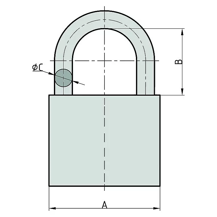 Basi Vorhängeschloss VHS 619 - Rot, Aluminium, Bügelstärke: 6,5 mm - Technische Zeichnung eines grauen Vorhängeschlosses mit Bügel und Bemaßungen.