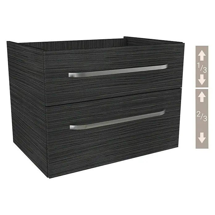 Camargue Star Waschtischunterschrank - 69,4 x 48,9 x 51,8 cm, Dark Oak, Ohne Beleuchtung - Badezimmermöbel mit zwei Schubladen und Griffen. Die Schubladen sind in einem dunklen Holzton gehalten und haben eine feine Maserung.