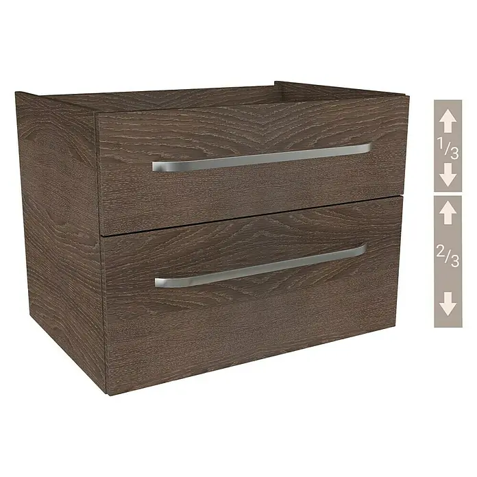 Camargue Star Waschtischunterschrank - 70 x 49 x 53 cm, Eiche Maron, Mit Beleuchtung - Diese Aufnahme zeigt einen Badezimmerschrank aus Holz mit zwei Schubladen und silbernen Griffen.