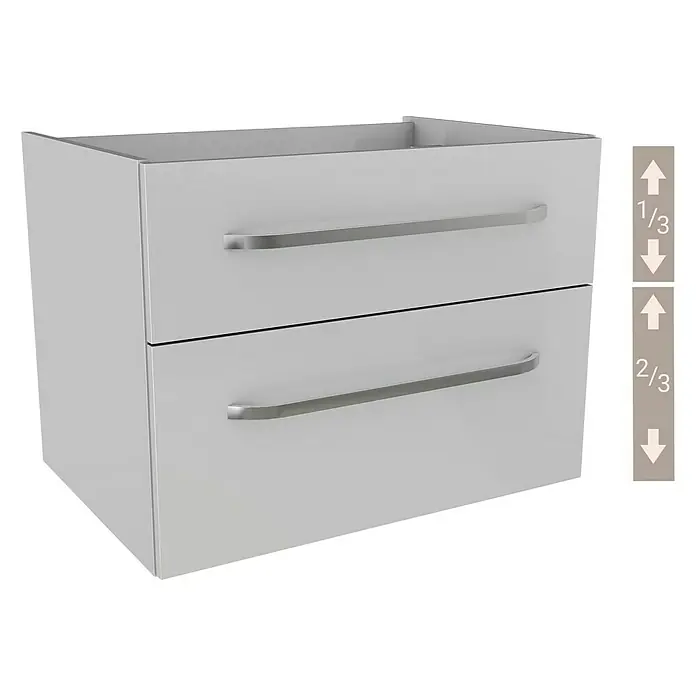Camargue Star Waschtischunterschrank - 69,4 x 48,9 x 51,8 cm, Weiß, Ohne Beleuchtung - Abbildung eines modernen, grauen Badezimmerunterschranks mit zwei Schubladen und silbernen Griffen, der Stauraum und elegantes Design vereint.