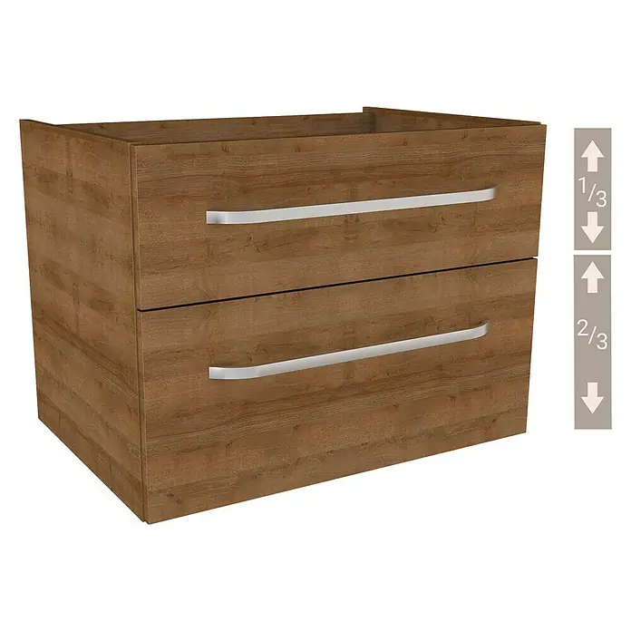 Camargue Star Waschtischunterschrank - 69,4 x 48,9 x 51,8 cm, Berg Eiche, Ohne Beleuchtung - Holzfarbener Waschbeckenunterschrank mit zwei Schubladen und silbernen Griffen. Eine elegante Ergänzung für jedes Badezimmer.