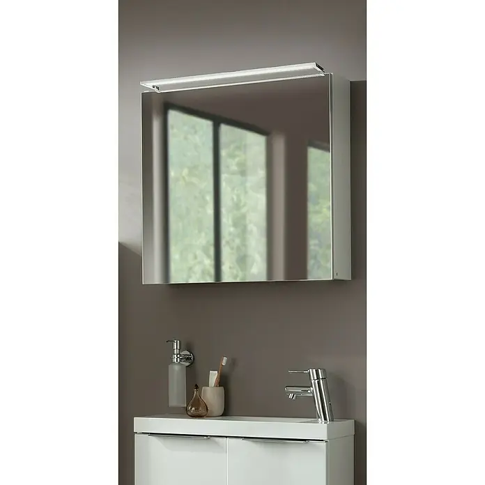Camargue Stella LED-Spiegelschrank - B x H: 60 x 68,4 cm, Mit Beleuchtung, DIN Anschlag: Rechts, Weiß, Spanplatte - Ein moderner Spiegelschrank mit integrierter Beleuchtung und ein Waschbecken mit Armatur. Ideal für stilvolle Badezimmer.