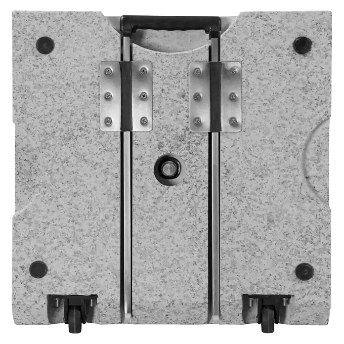 Doppler Active Granitschirmständer Trolley - 69,5 kg, L x B x H: 56 x 56 x 11 cm, Schirme bis Ø 350 cm - Ansicht der Rückseite des tragbaren Kühlers mit Griff, Rädern und Beschlägen.