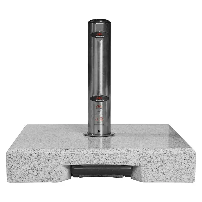 Doppler Active Granitschirmständer Trolley - 69,5 kg, L x B x H: 56 x 56 x 11 cm, Schirme bis Ø 350 cm - Bild eines Doppler-Sonnenschirmständers mit einem robusten Granitsockel und einer Edelstahlsäule für sicheren Halt.