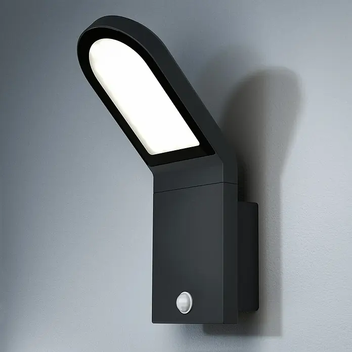 Osram Endura Style Aplique exterior LED con sensor Wall - 12 W, L x An x Al: 16,8 x 10 x 27,3 cm, Gris oscuro, Blanco, Blanco cálido - Moderna lámpara de pared exterior negra con sensor de movimiento, que destaca por su diseño minimalista y luz brillante.