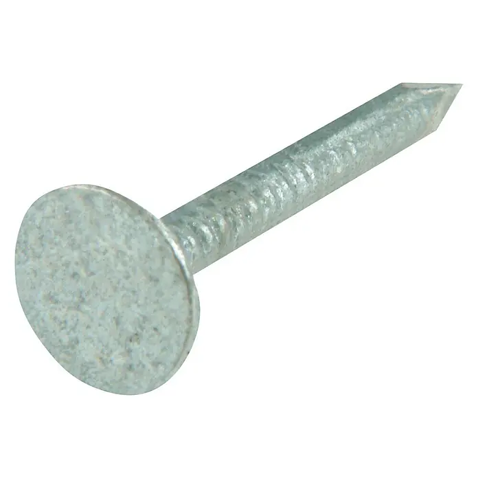 Suki Clavo - Ø x L: 2 x 16 mm, Acero, DIN 1160B - Primer plano de un clavo para tejas asfálticas plateado con cabeza plana grande y punta afilada.