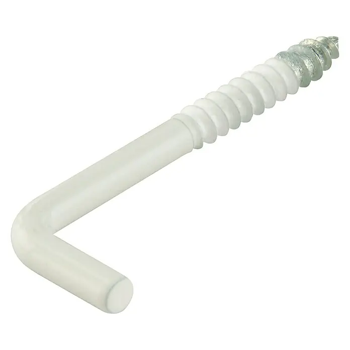 Suki Alcayata lisa plastificada - Ø x L: 3 x 40 mm, Blanco, 18 ud. - Primer plano de un gancho de rosca blanco en forma de L con rosca. Diseñado para colgar objetos ligeros en paredes o techos.