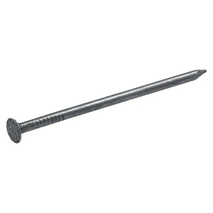Suki Clavo - Ø x L: 2,2 x 45 mm, Acero, 1.000 ud. - Primer plano de un clavo de hierro plateado sobre un fondo negro, resaltando su construcción robusta.