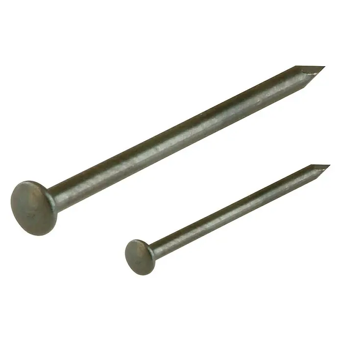 Suki Punta decorativa - Largo: 50 mm - Dos clavos de diferentes tamaños, ideales para trabajos de construcción y reparación, sobre fondo negro.