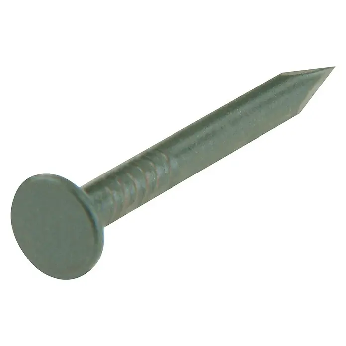 Suki Tachuela - Ø x L: 1,6 x 16 mm, Acero, 70 ud. - Primer plano de un clavo galvanizado individual con cabeza plana y punta afilada, ideal para proyectos de construcción y carpintería.