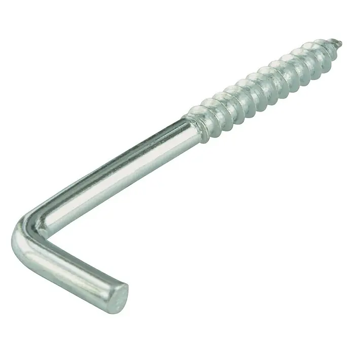 Suki Alcayata - Ø x L: 2 x 20 mm, Acero, Zincado - Primer plano de un tornillo para madera de color plateado con un gancho doblado al final, ideal para colgar objetos.