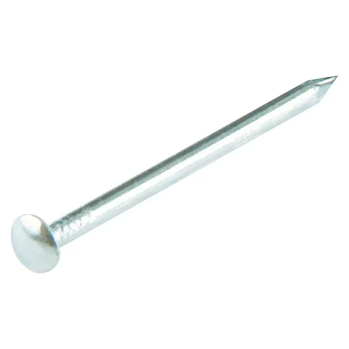 Suki Clavo - Ø x L: 1,6 x 18 mm, Acero, 50 ud. - Primer plano de un solo clavo de hierro plateado brillante con cabeza plana sobre un fondo negro.