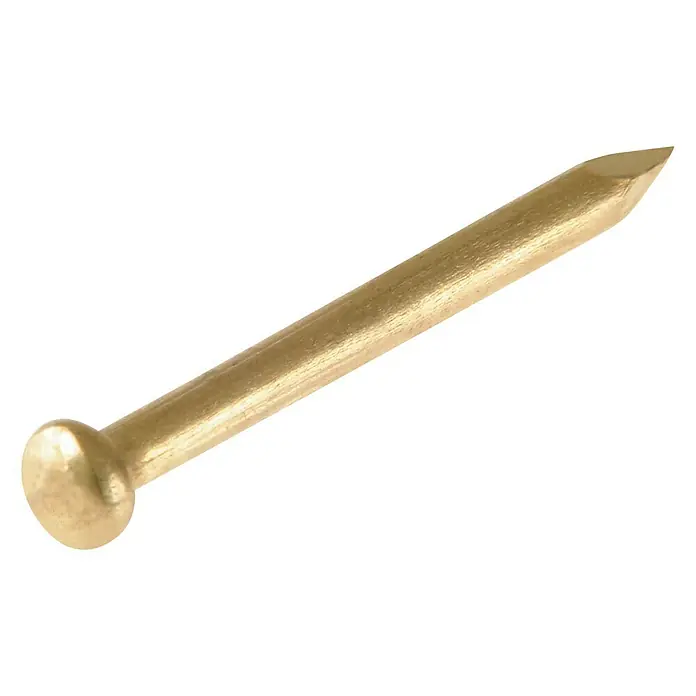 Suki Clavo - Ø x L: 1,2 x 20 mm, Acero, 50 ud., Cabeza redonda - Primer plano de un clavo dorado individual con cabeza redondeada y punta afilada, aislado sobre un fondo negro.