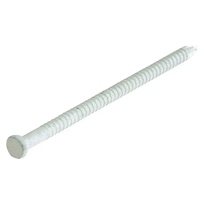 Suki Clavo 9010 - Ø x L: 1,75 x 25 mm, Acero, 100 ud. - Primer plano de un clavo blanco acanalado con cabeza plana, ideal para aplicaciones de construcción y fijación.