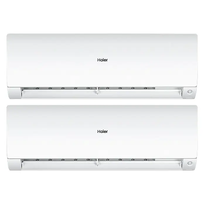 Haier Aire acondicionado Inverter Flexis-S - 2.600 W - 3.500 W, 4.200 W, 50 m², Blanco - Dos aparatos de aire acondicionado Haier blancos apilados, ideales para un clima interior confortable y una refrigeración eficiente.