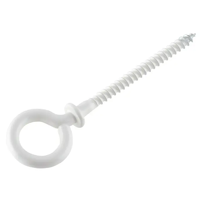 Suki Hembrilla abierta - Largo: 86 mm - Primer plano de un tornillo de ojo de plástico blanco con rosca, ideal para colgar objetos ligeros en paredes.