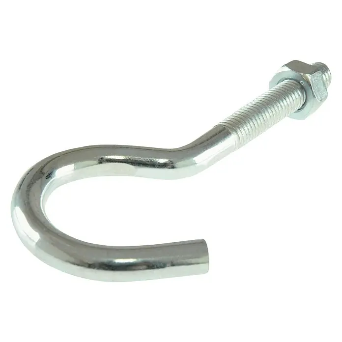 Suki Hembrilla para cuerda de tender - Largo: 100 mm, Plateado - Primer plano de un gancho plateado con rosca y tuerca sobre un fondo negro.