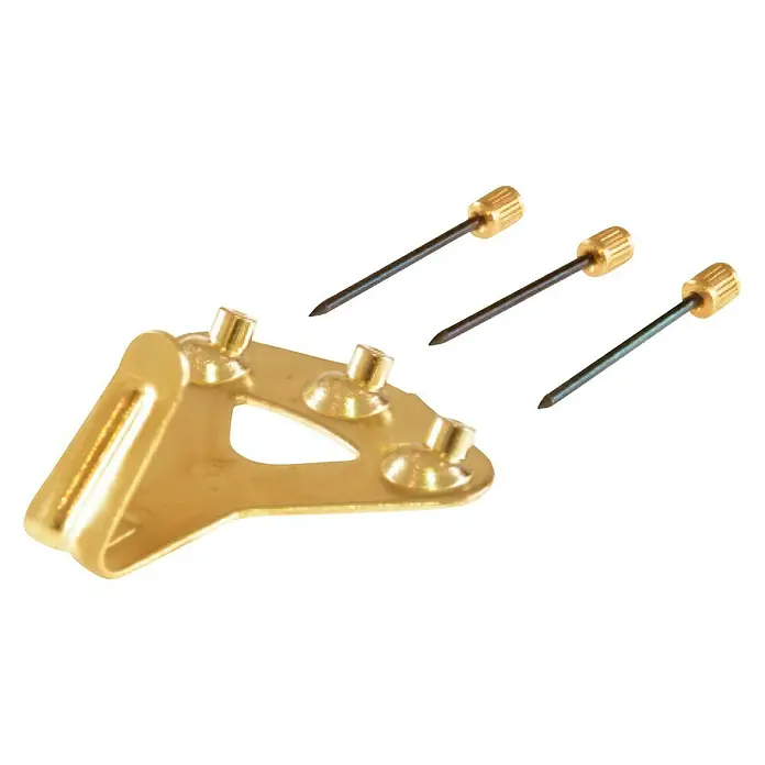 Suki Gancho para colgar cuadros - L x An: 32 x 33 mm, 3 ud. - Juego para colgar cuadros con marco de metal dorado y tres clavos pequeños para una fijación segura a la pared.