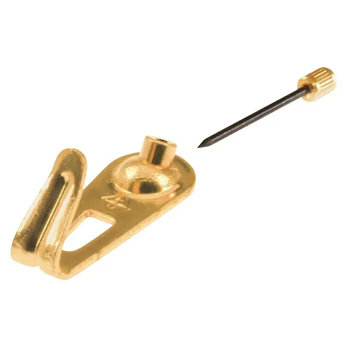Suki Gancho para colgar cuadros GR0 - L x An: 13 x 9 mm, 4 ud. - Primer plano de un colgador de cuadros dorado con clavo. El colgador sirve para colgar cuadros en la pared y tiene una pequeña anilla.