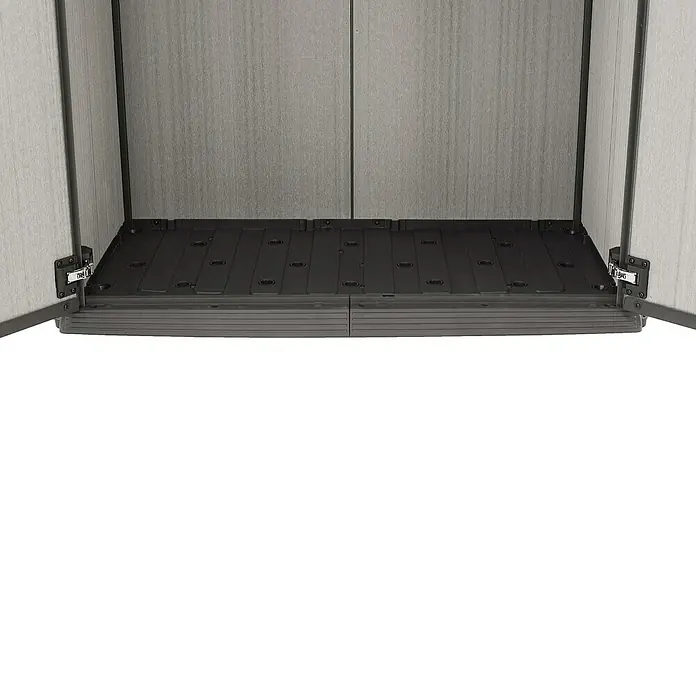 Keter Truhe Patio Store - L x B x H: 73,6 x 140 x 120 cm, Grau - Aufnahme des Bodens und der geöffneten Türen eines Keter-Gartenschuppens, der für seine robuste Bauweise und sein stilvolles Design bekannt ist.