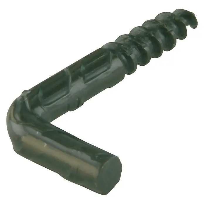 Suki Alcayata lisa plastificada - Ø x L: 5,2 x 50 mm, Plastificado, Número de componentes: 4 ud. - Primer plano de un gancho de rosca angular verde oscuro con un extremo en espiral.