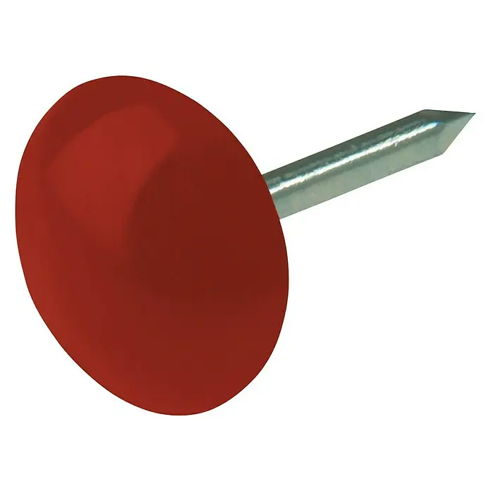 Suki Tachuela - Ø x L: 9 x 13 mm, Acero, 40 ud., Rojo - Primer plano de una chincheta roja con punta plateada sobre un fondo negro.