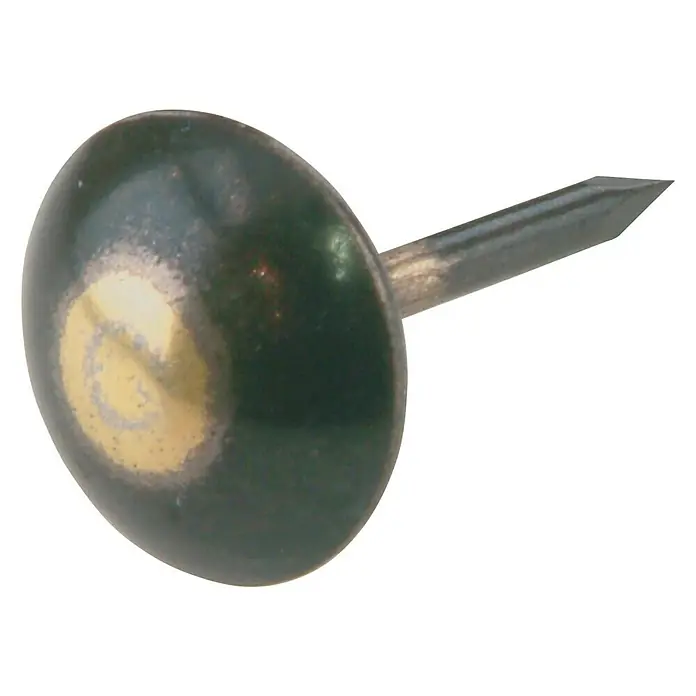 Suki Tachuela - Acero, 50 ud., Negro - Primer plano de un clavo de tapicería verde con una cabeza redondeada y punta afilada.