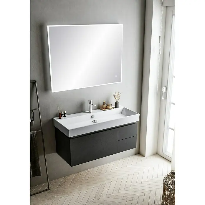 Riva Tape Einbauwaschbecken - 100 x 45,5 cm, Weiß - Badezimmer-Waschtisch mit integriertem Waschbecken, Schubladen und großem Spiegel mit LED-Beleuchtung für eine moderne Optik.