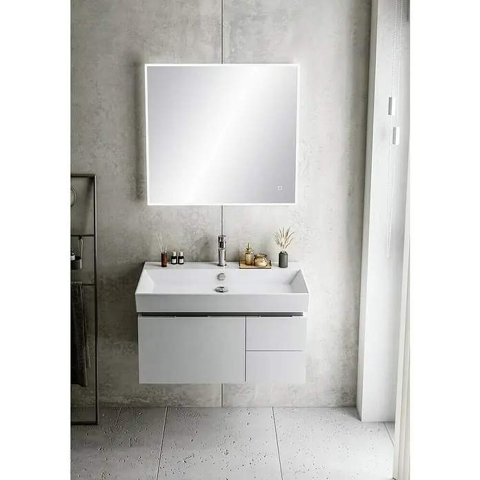 Riva Tape Einbauwaschbecken - 85 x 45,5 cm, Weiß - Modernes Badezimmer-Waschbecken mit LED-Spiegel und minimalistischem Design. Das Möbelstück ist schlicht und elegant gehalten.