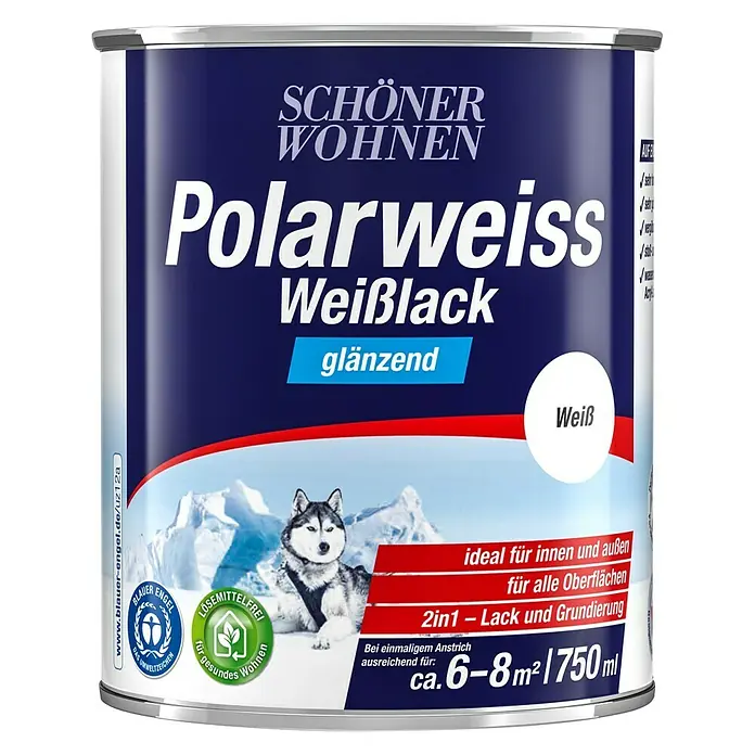 SCHÖNER WOHNEN-Farbe Weißlack Polarweiß - Weiß, Glänzend, 750 ml, Wasserbasiert - Dose Polarweiss Weißlack glänzend, 750ml, von Schöner Wohnen mit Husky und Eisbergen. Innen und Außen geeignet.