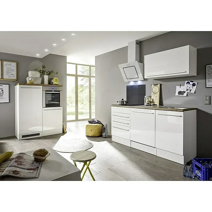 Respekta Premium Composición de cocina Gabriel - Ancho: 290 cm, Blanco, Con electrodomésticos - Cocina luminosa con modernos gabinetes blancos, electrodomésticos y encimeras de madera que ofrecen un diseño elegante y funcional.