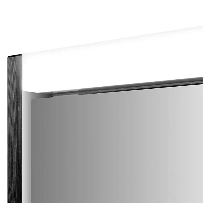 Sieper LED-Spiegelschrank KHX 80 - B x H: 80 x 74 cm, Holz, Weiß - Nahaufnahme eines modernen Spiegelschranks mit integrierter Beleuchtung und dunklem Holzrahmen. Ideal für stilvolle Badezimmerdesigns.