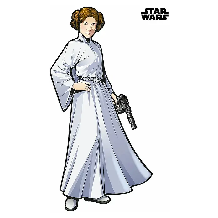 Komar Star Wars Dekosticker Princess Leia XXL - B x H: 127 x 170 cm - Abbildung von Prinzessin Leia aus Star Wars, dargestellt im Comic-Stil, mit ikonischer Frisur, weißem Kleid und Blaster.